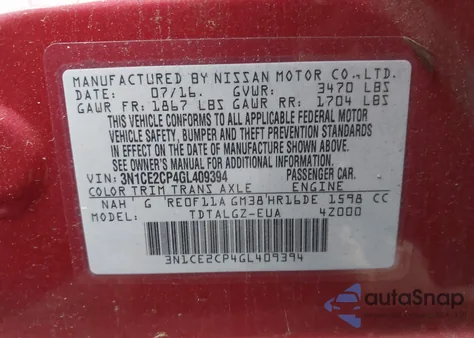 2016 Nissan Versa Note Sr z USA, uszkodzony, nr VIN 3N1CE2CP4GL409394